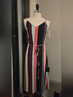 Lulus Erina Mauve Multi Stripe Belted Midi Slip Dress XS